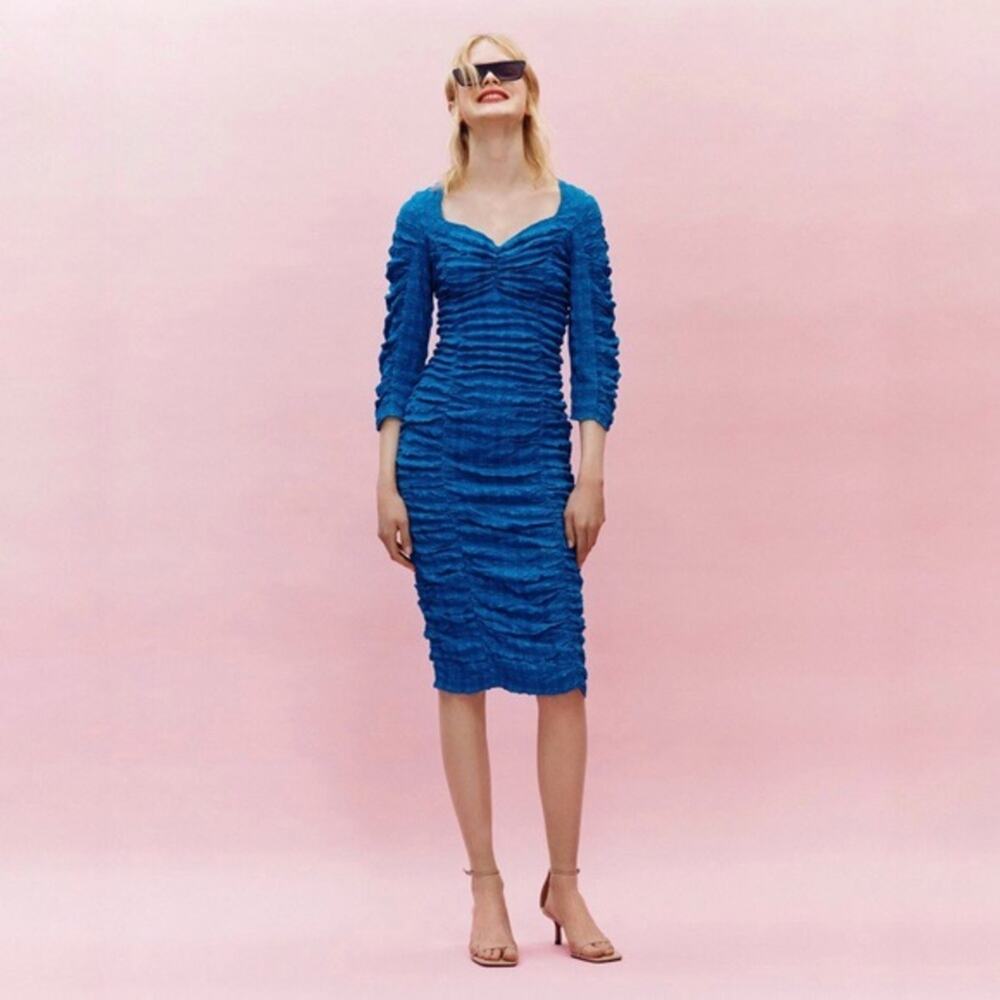 NWOT Zara Blue Ruched Textured Midi Dress.